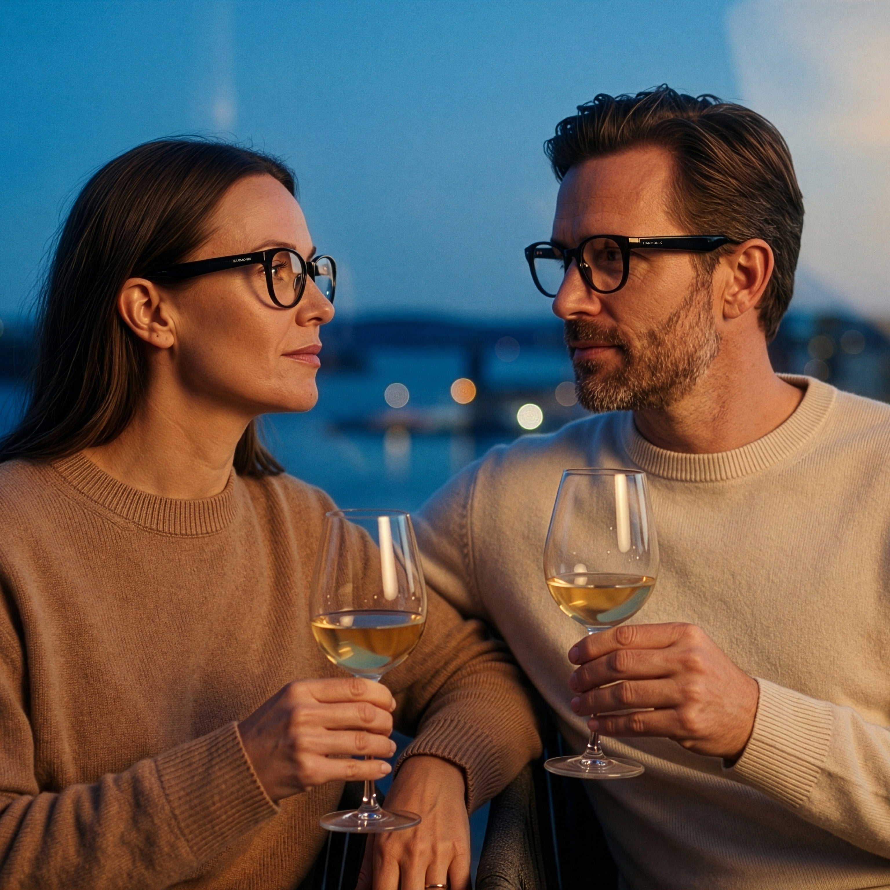 Person wearing SonaVue Jona black audio glasses on a terrace in Oslo