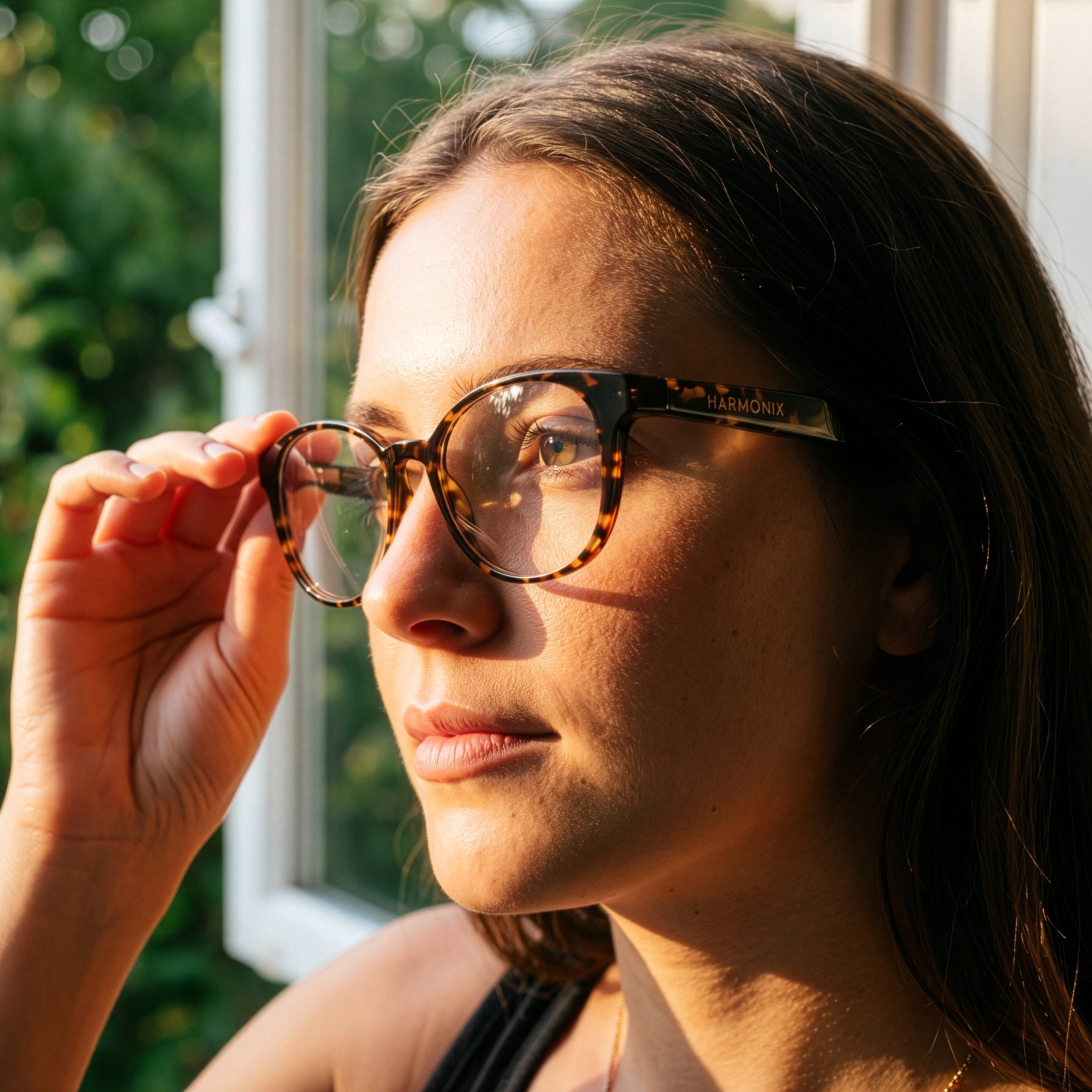 Young woman wearing SonaVue Jona tortoiseshell audio glasses by a window