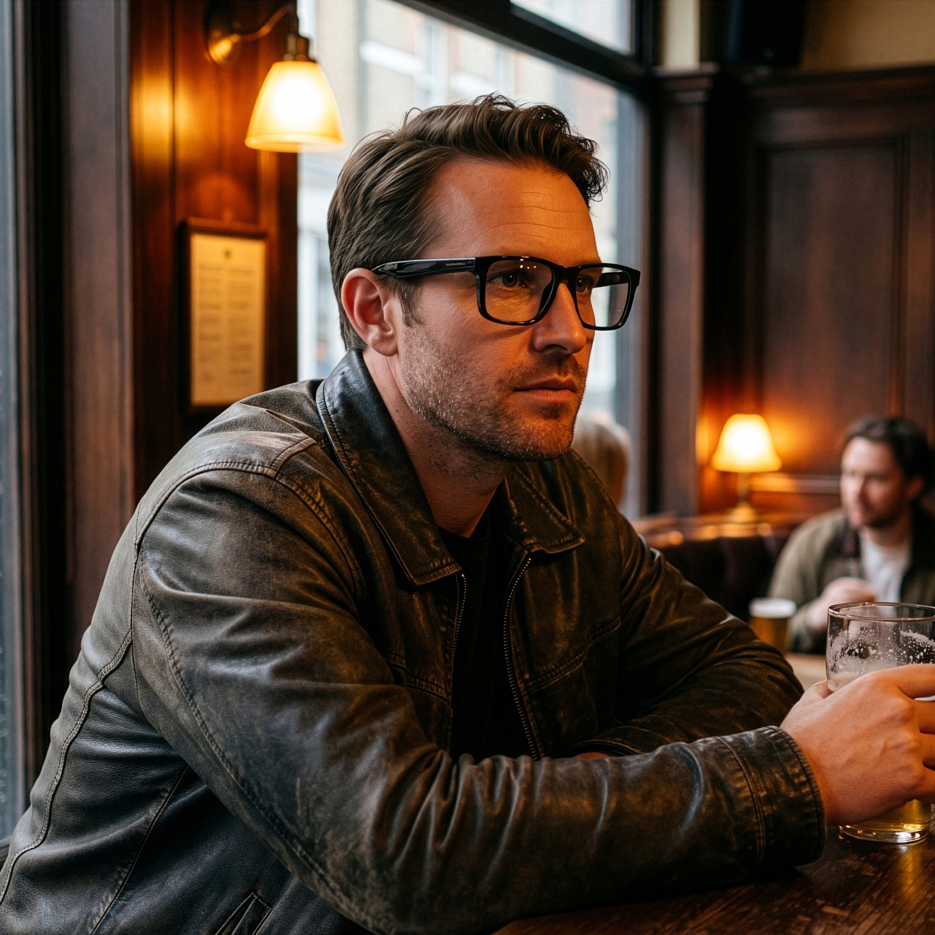 Person wearing SonaVue K-Man black audio glasses in a London pub