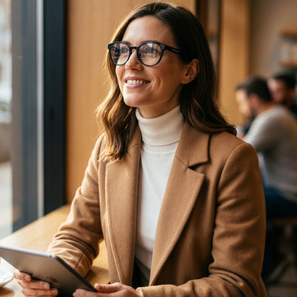 Person reading on a tablet wearing SonaVue Jona black audio glasses