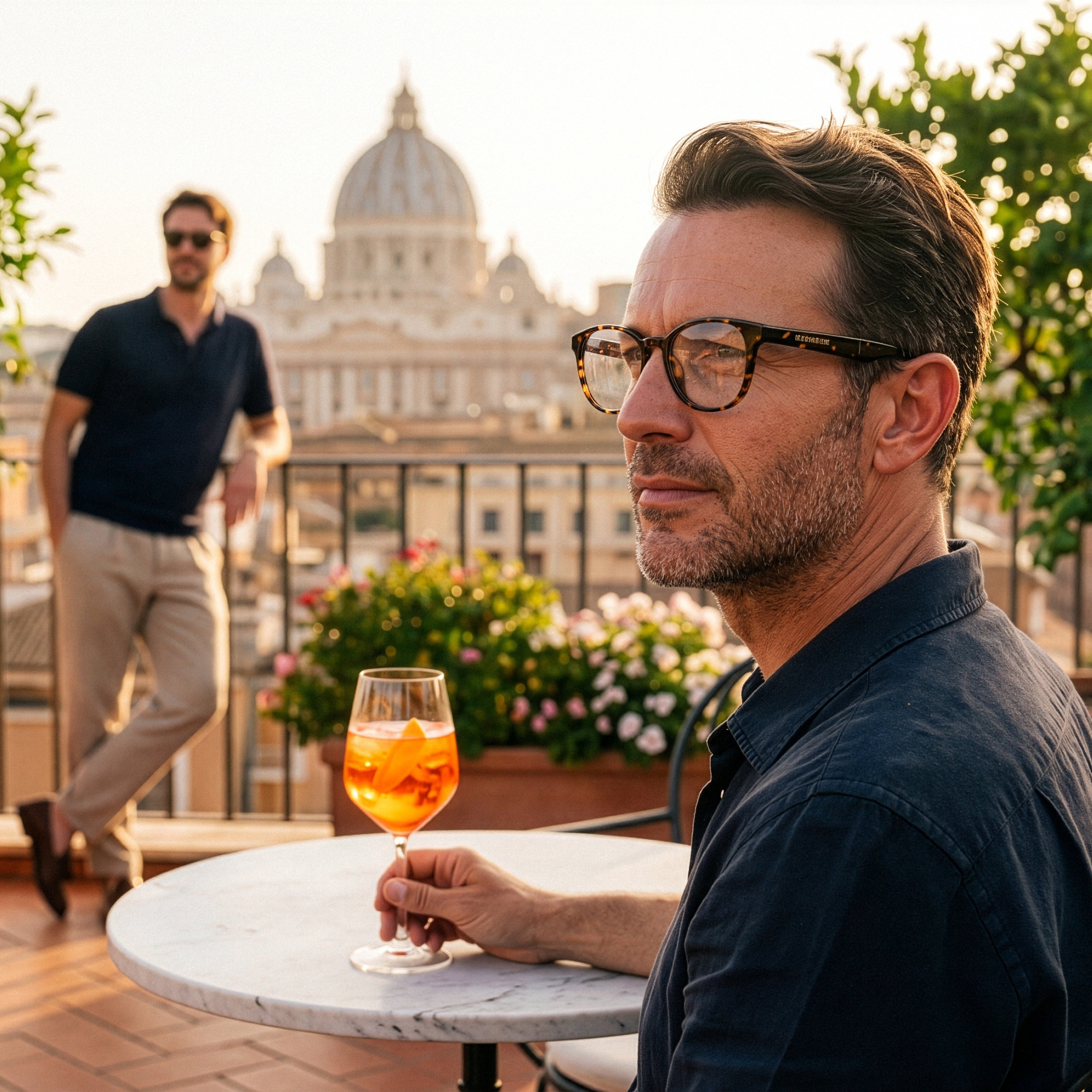 Person wearing SonaVue Jona tortoiseshell audio glasses on a Rome rooftop