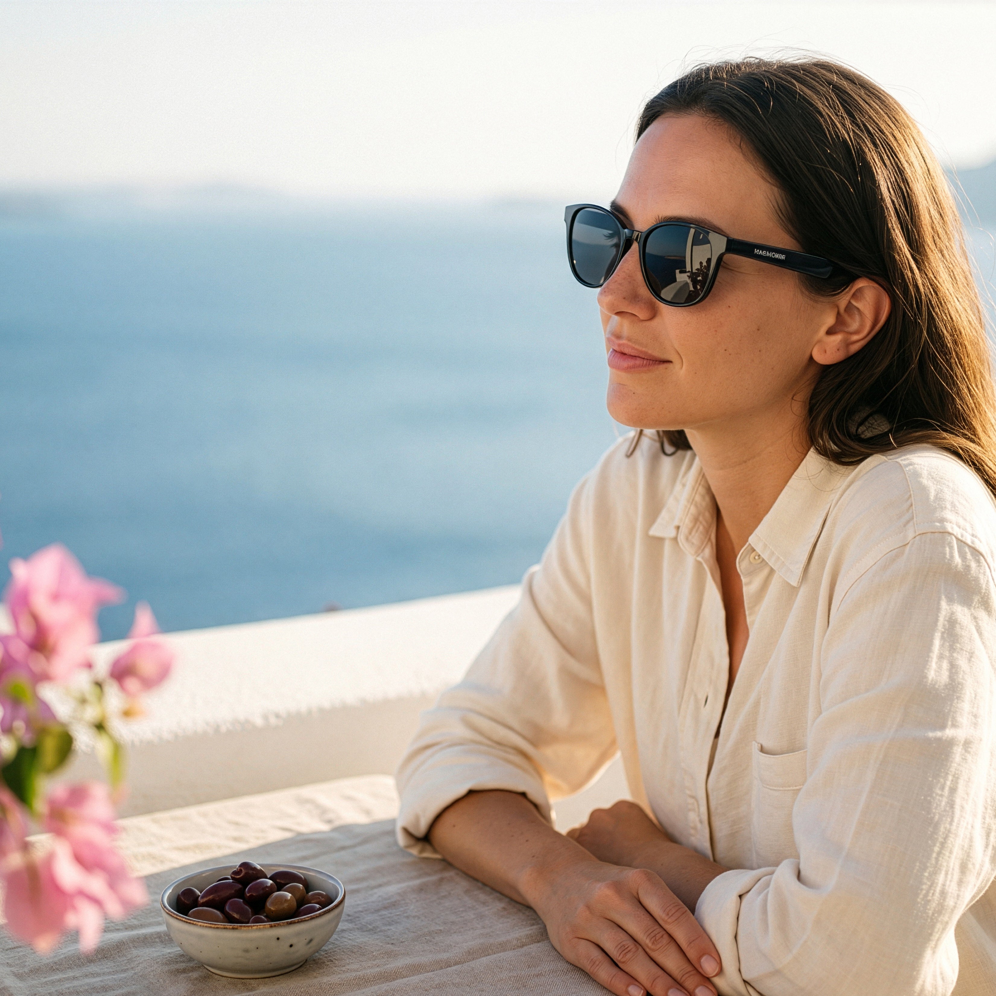 Person wearing SonaVue Jona black audio sunglasses on a Greek island