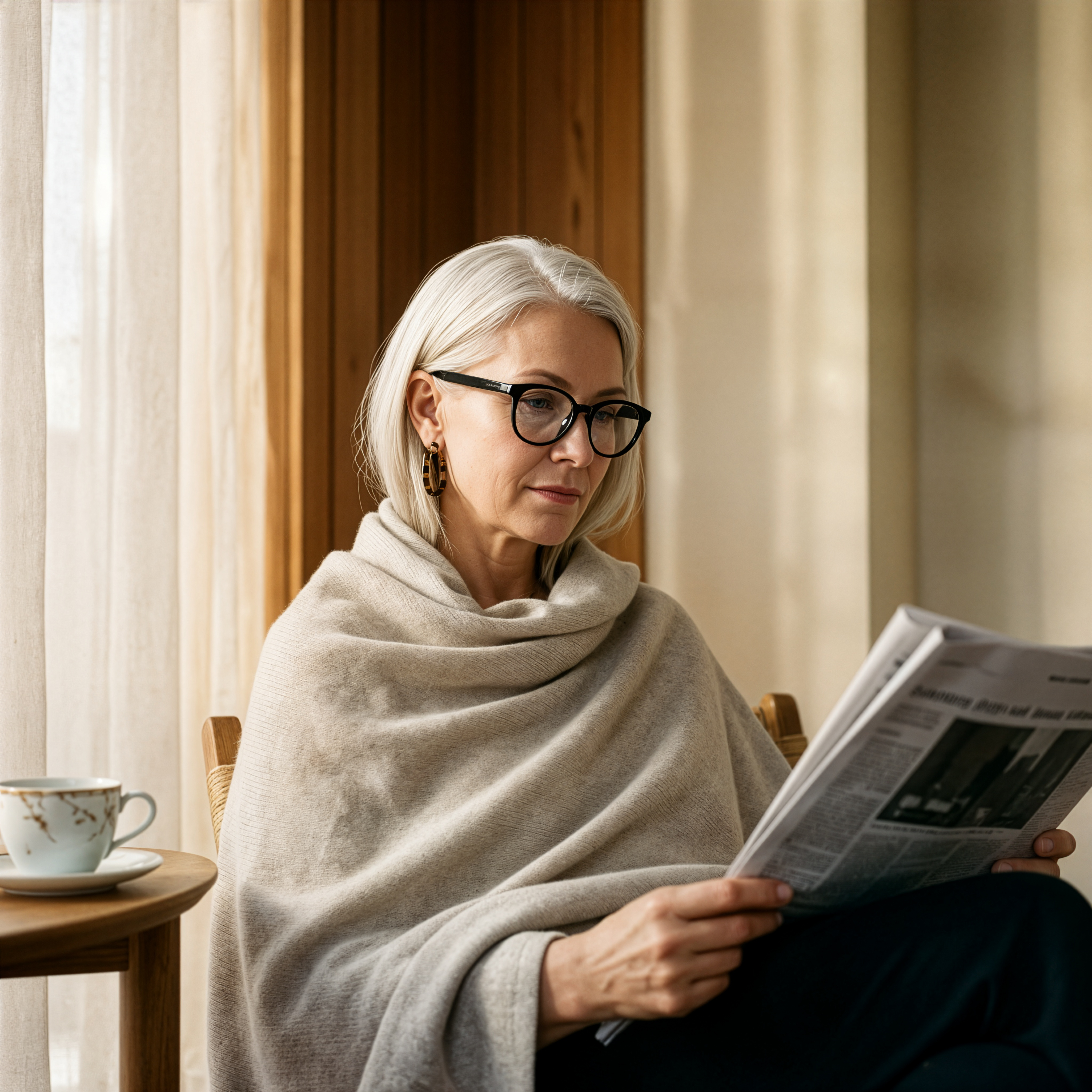 Woman reading a newspaper wearing SonaVue Jona black audio reader glasses