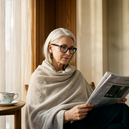 Woman reading a newspaper wearing SonaVue Jona black audio reader glasses