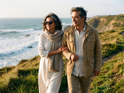 Couple on a coastal walk wearing SonaVue Jona tortoiseshell audio glasses