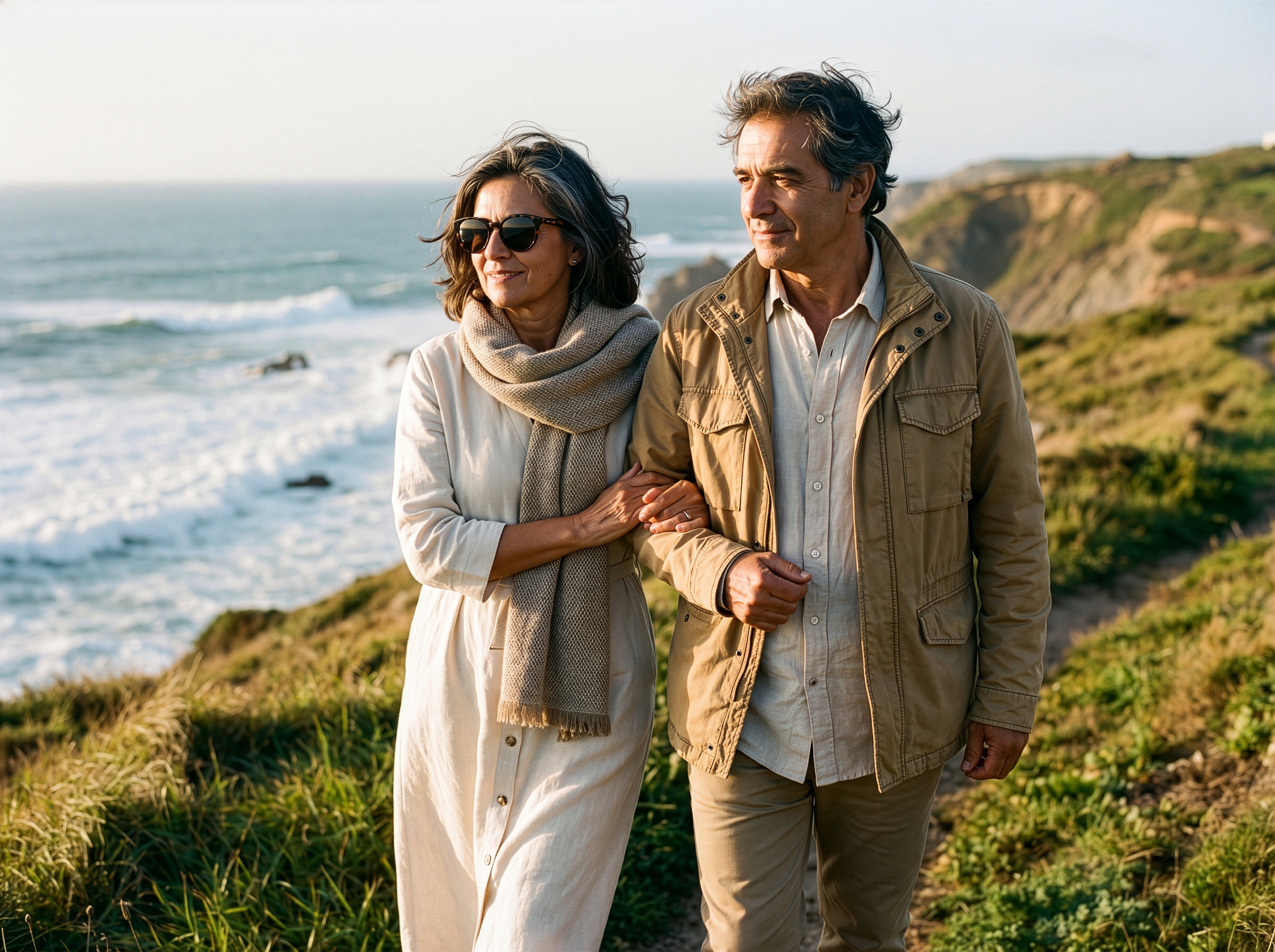 Couple on a coastal walk wearing SonaVue Jona tortoiseshell audio glasses