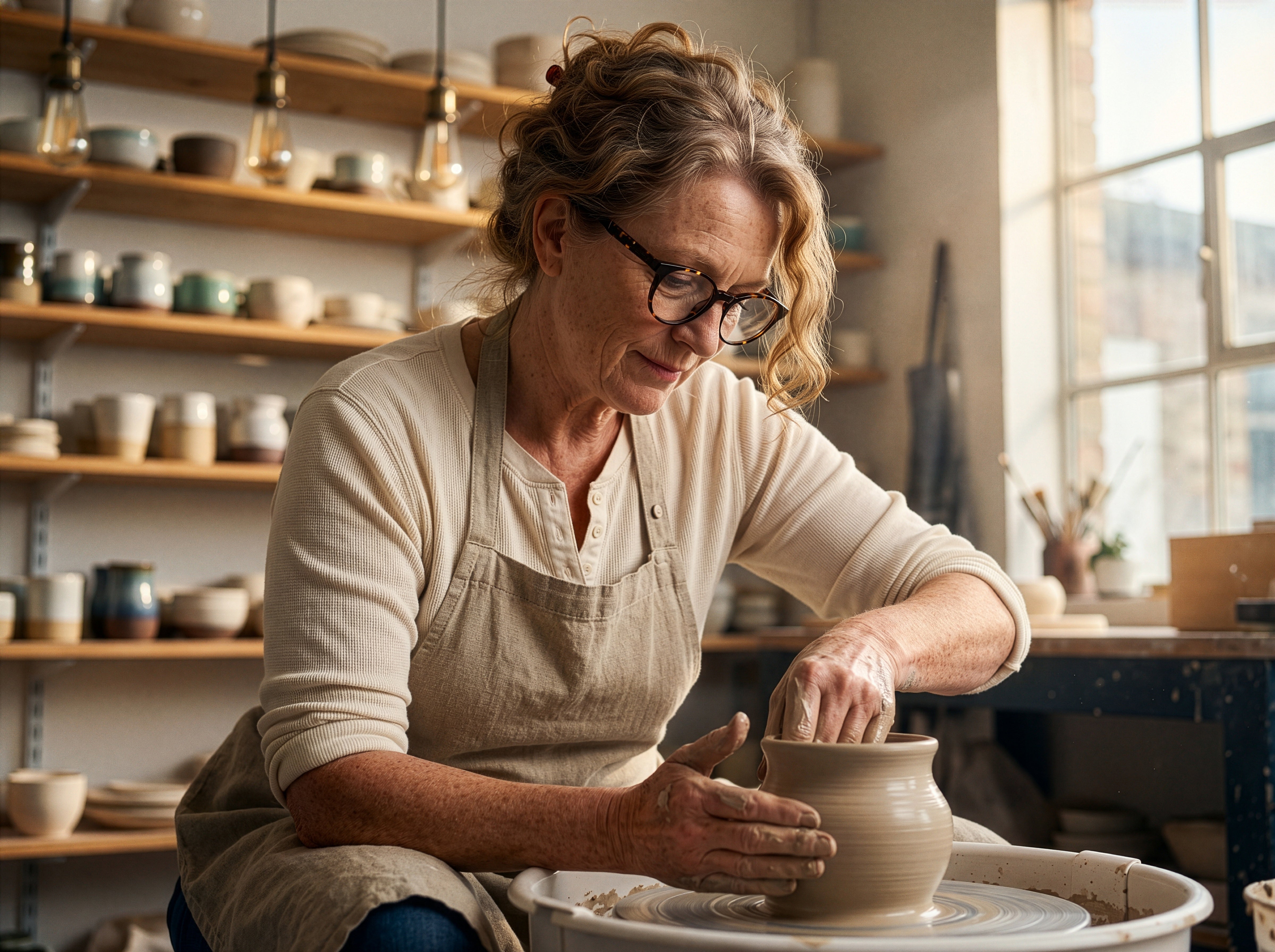 Person at a pottery wheel wearing SonaVue Jona tortoiseshell audio glasses