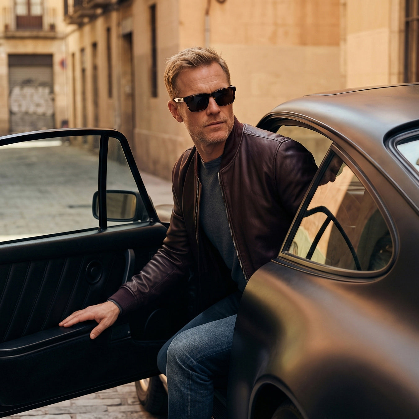 Person wearing SonaVue K-Man black audio sunglasses beside a classic car in Barcelona