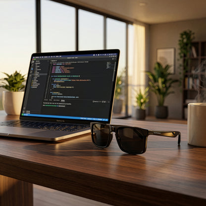 SonaVue K-Man black audio sunglasses on a desk